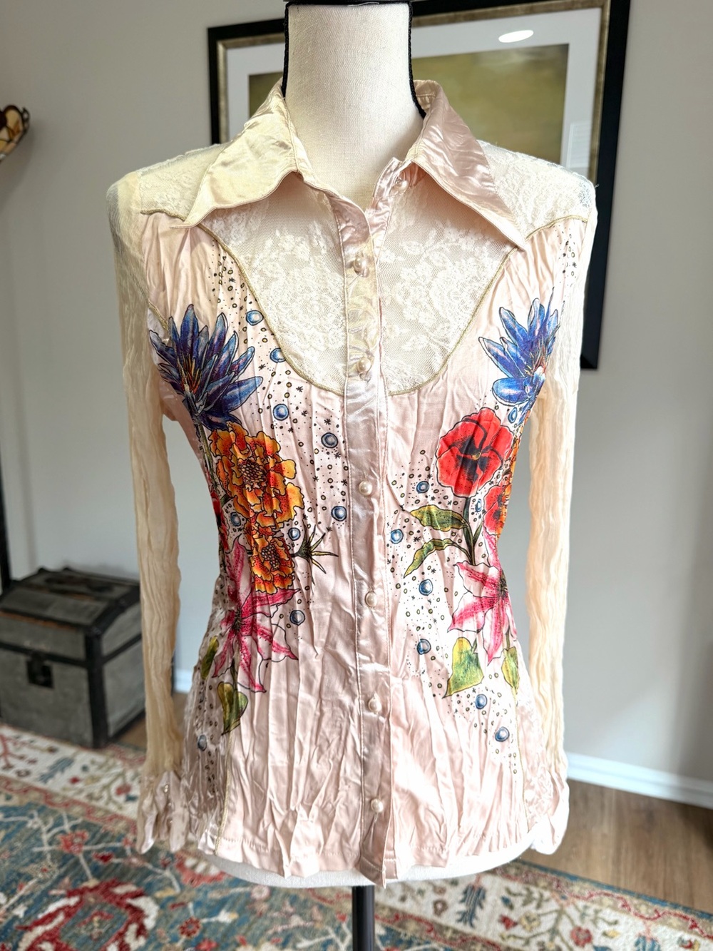 Alberto Makali Silk Blend Floral Lace Boho Button Blouse Top M - Picture 8 of 13